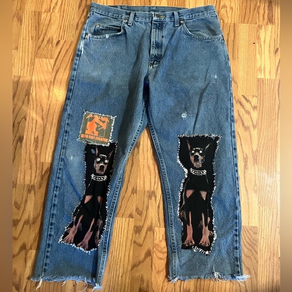 Hand Sewn Patched Baggy Jeans Wrangler Brand Waist: 36 Length: 30ish - Picture 1 of 5